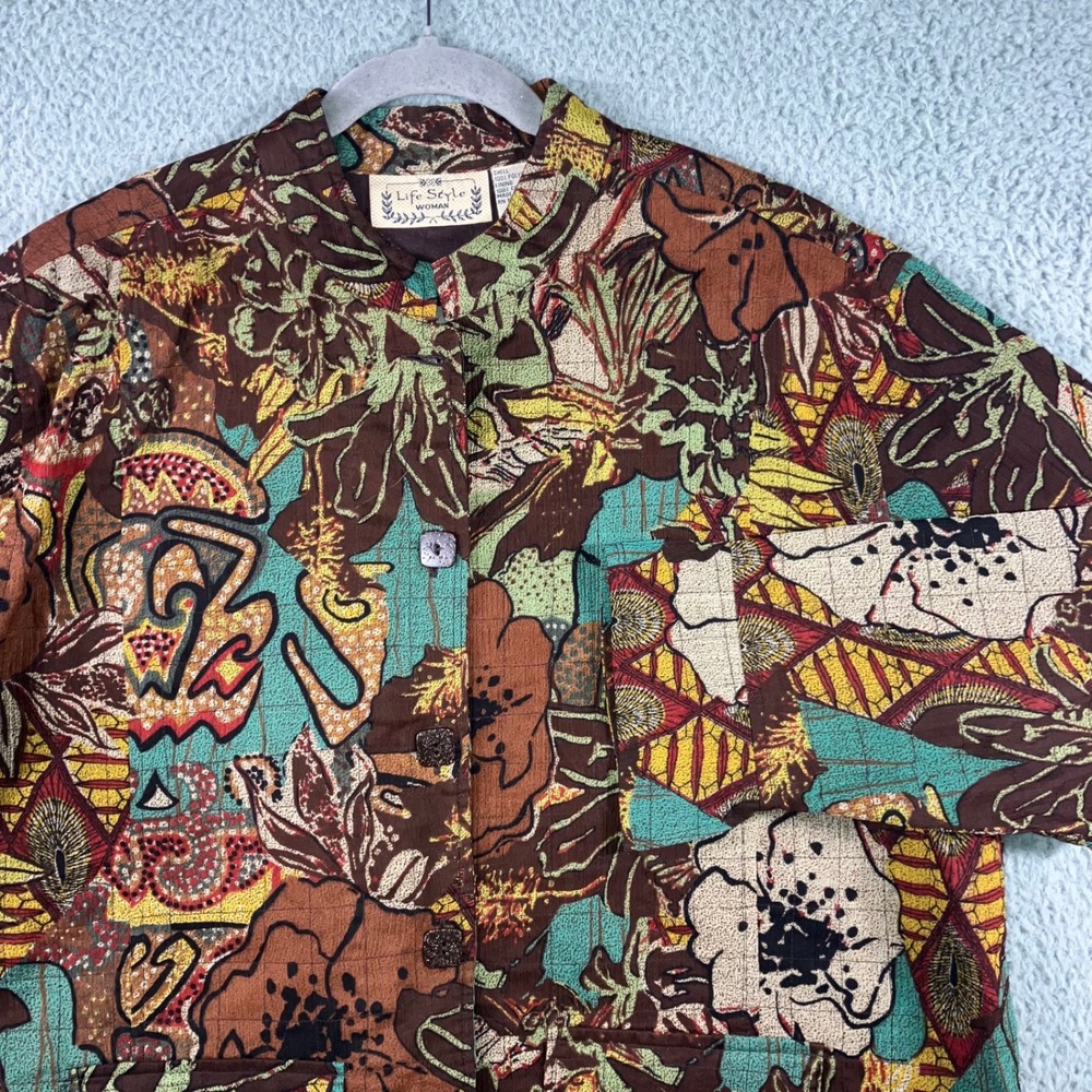 VTG Life Style Woman Floral Print‎ Jacket Women 2X Button Front Patchwork Artsy
